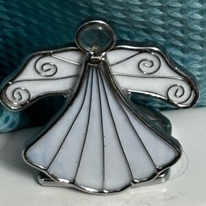 Stained Glass Angel Tealight Candle Holder 5” White Opal Glass Silver Tone